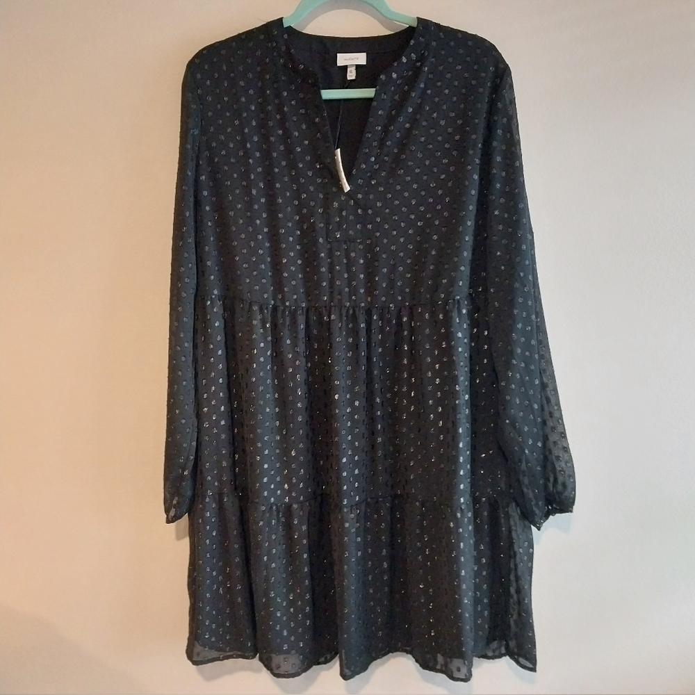 The Get Black Sparkle Swiss Dot Long Sleeve Tiered Babydoll Dress